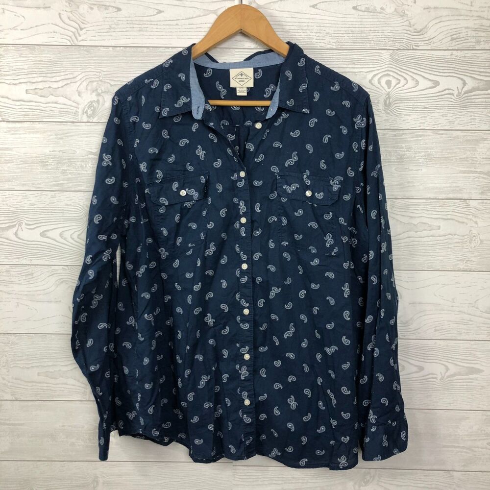 St John's Bay Women's XXL Paisley Print Long Sleeve Button Front Top 100% Cotton